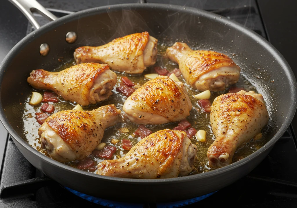 Seasoned chicken pieces browning in pancetta fat with garlic for authentic chicken carbonara recipe
