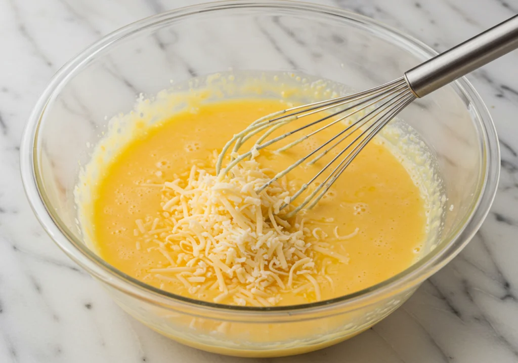 Whisking grated Pecorino Romano cheese into egg mixture for creamy chicken carbonara sauce base
