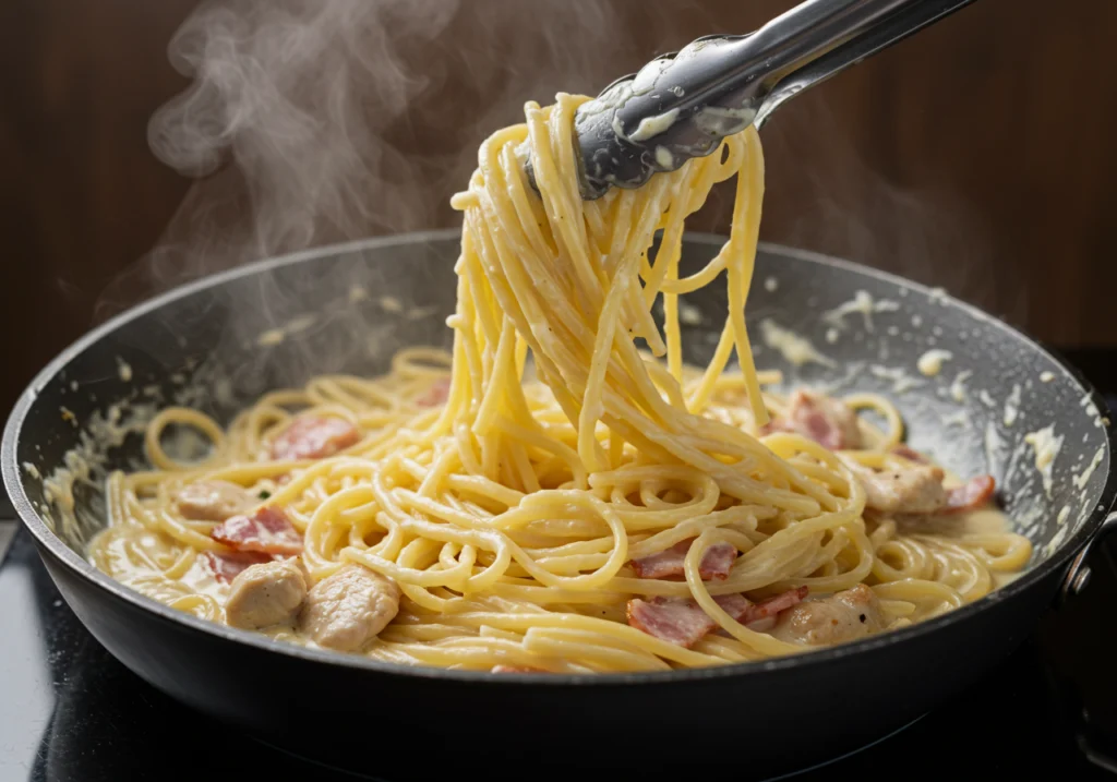 Tossing hot spaghetti with silky carbonara sauce showing proper technique for easy chicken carbonara recipe
