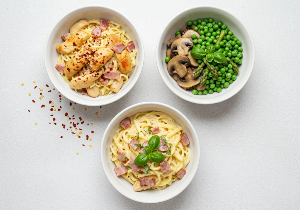 Three chicken carbonara recipe variations including spicy with red pepper flakes, mushroom, and vegetable versions
