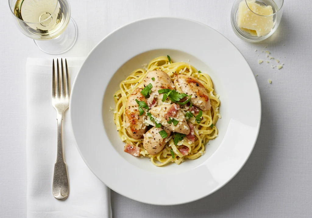 Perfectly plated chicken carbonara recipe garnished with black pepper and cheese, overhead view with wine glass
