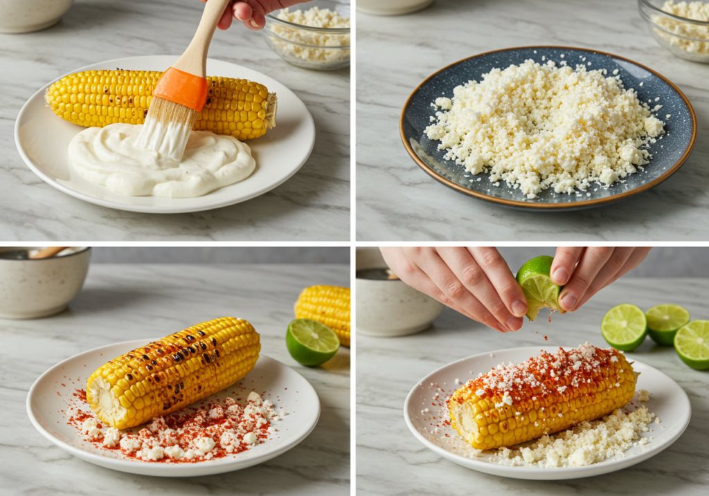 Step-by-step assembly of Mexican street corn recipe showing mayo, cotija cheese, and chili powder application