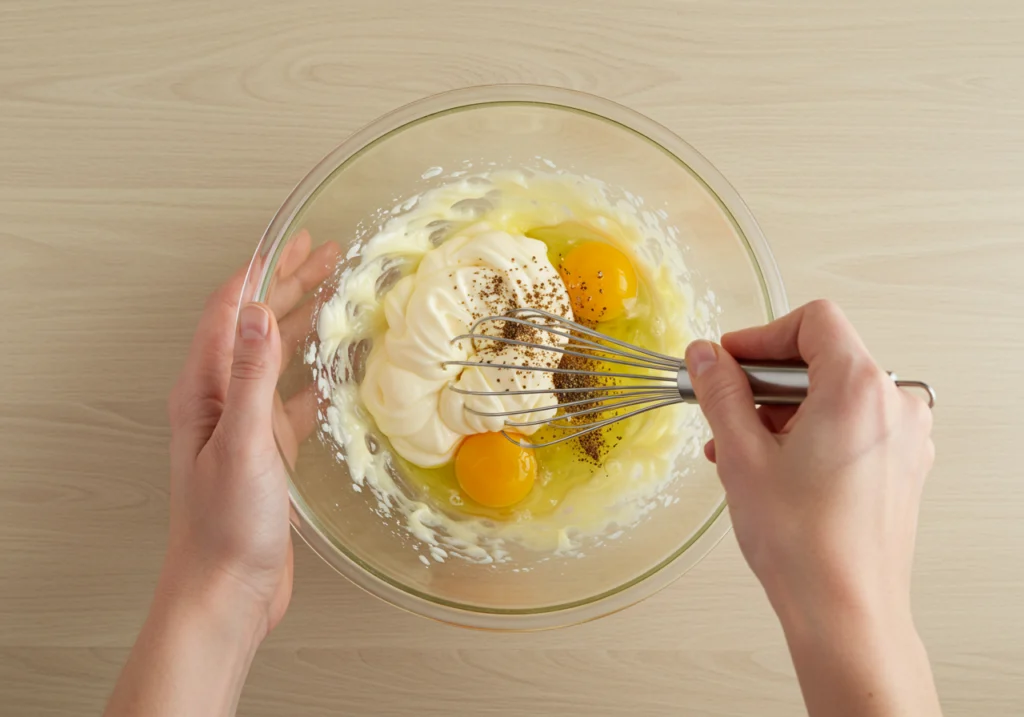 Whisking mayonnaise and egg mixture for crab cake binding