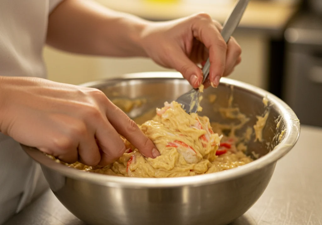 Gently folding crab meat mixture without overmixing