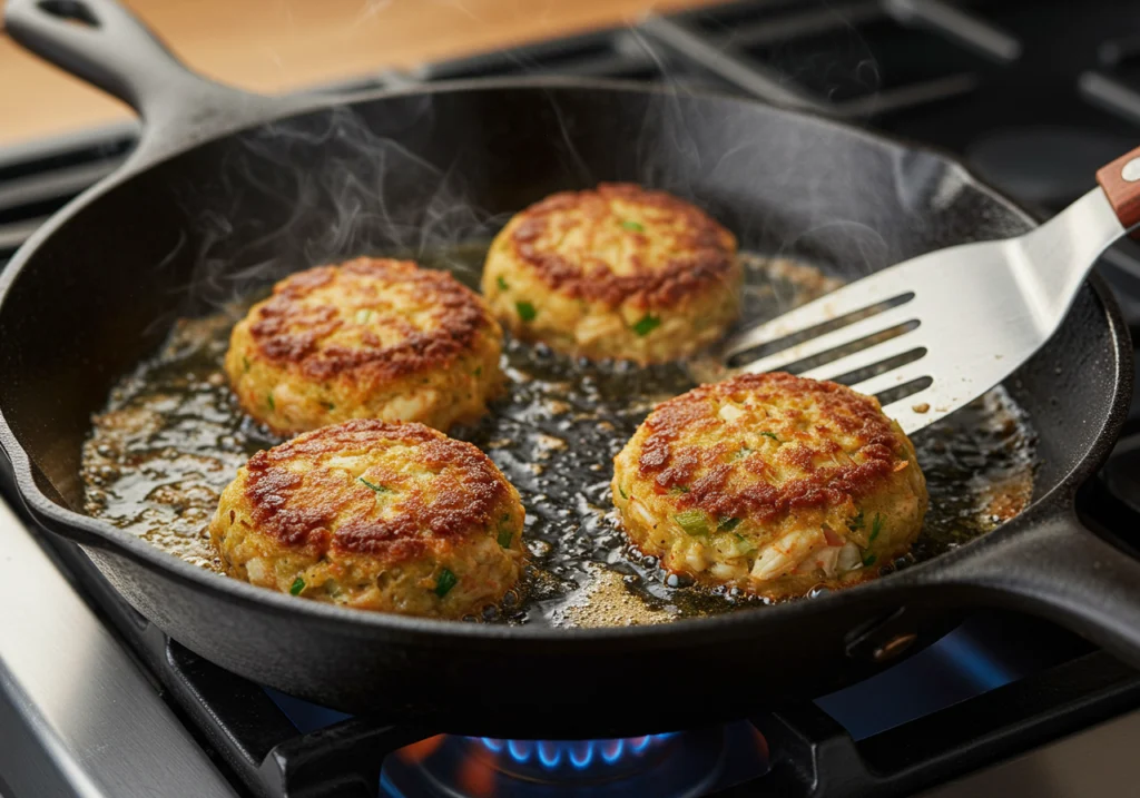 Pan frying crab cakes to golden brown perfection