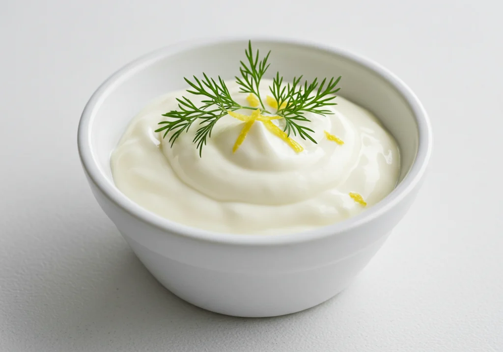 Homemade lemon dill aioli sauce for crab cakes