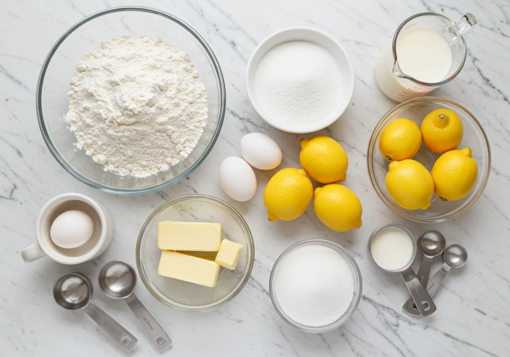 Overhead view of lemon pound cake ingredients including flour, butter, eggs, sugar, buttermilk, and fresh lemons on marble counter.