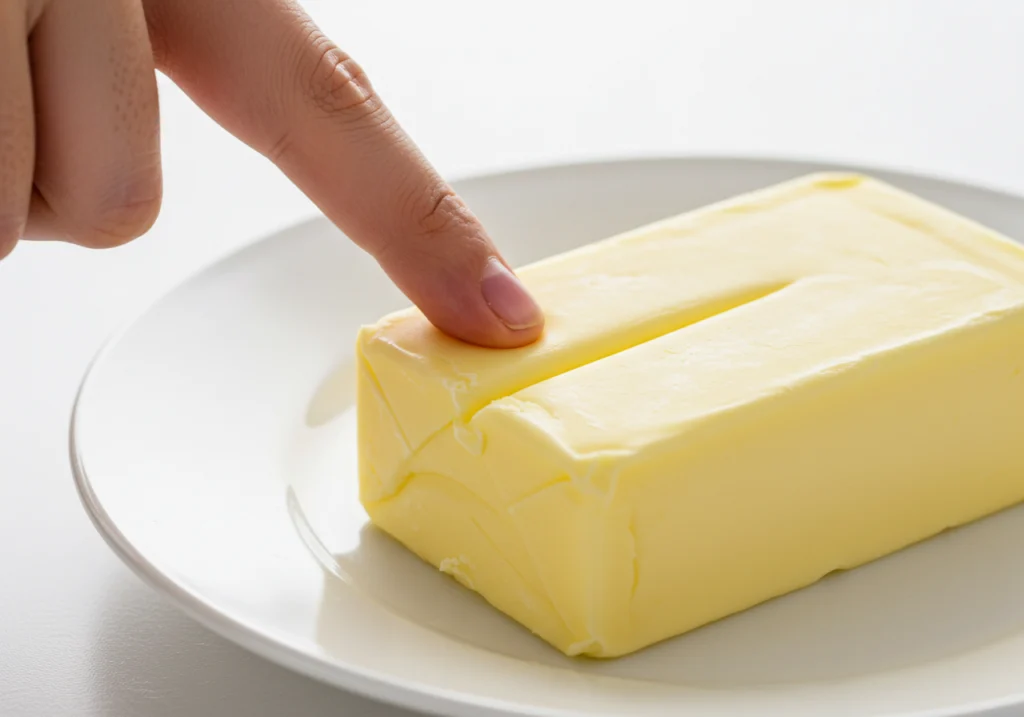 Finger pressing into softened butter stick on white plate showing perfect room temperature texture.