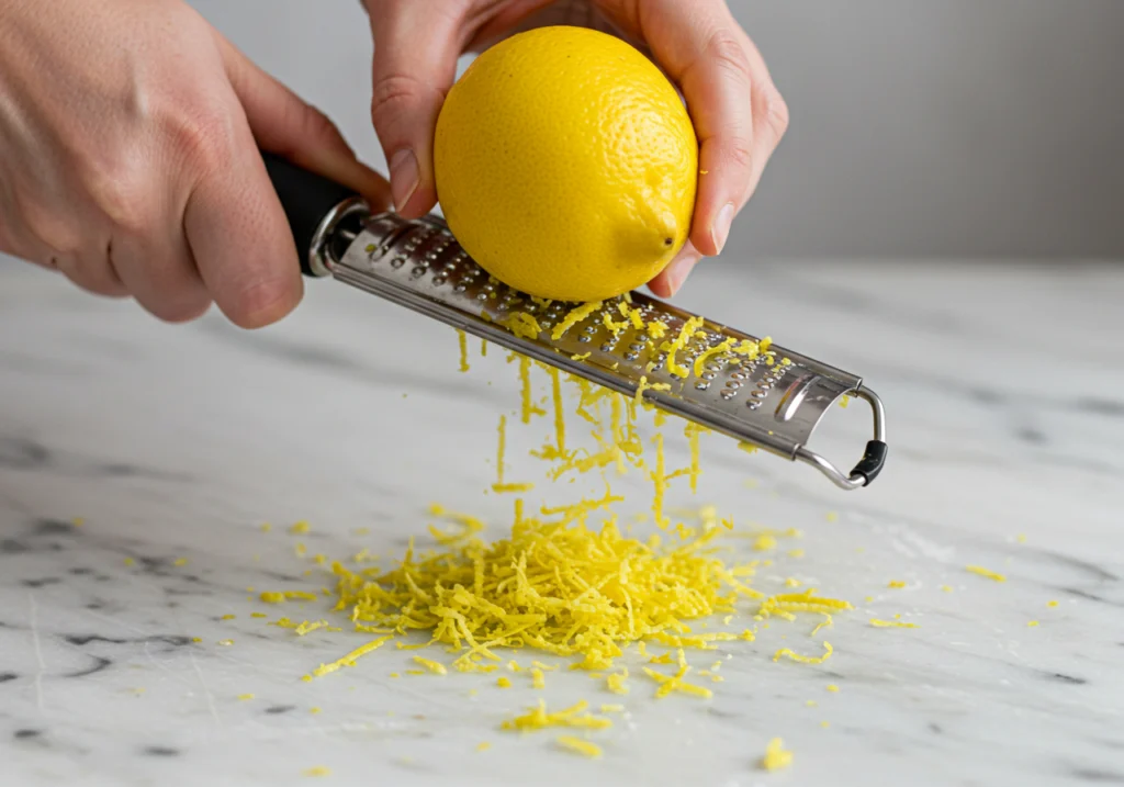 Hand using microplane grater to zest fresh lemon over marble surface.