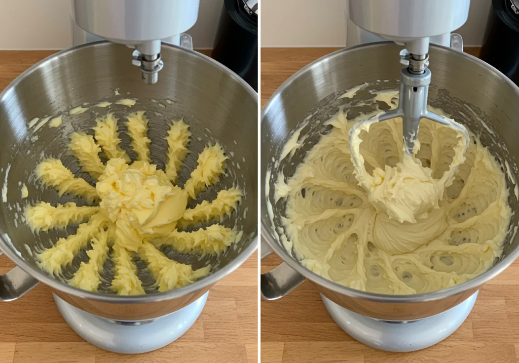 Side-by-side comparison of butter and sugar mixture before and after creaming in mixing bowl.