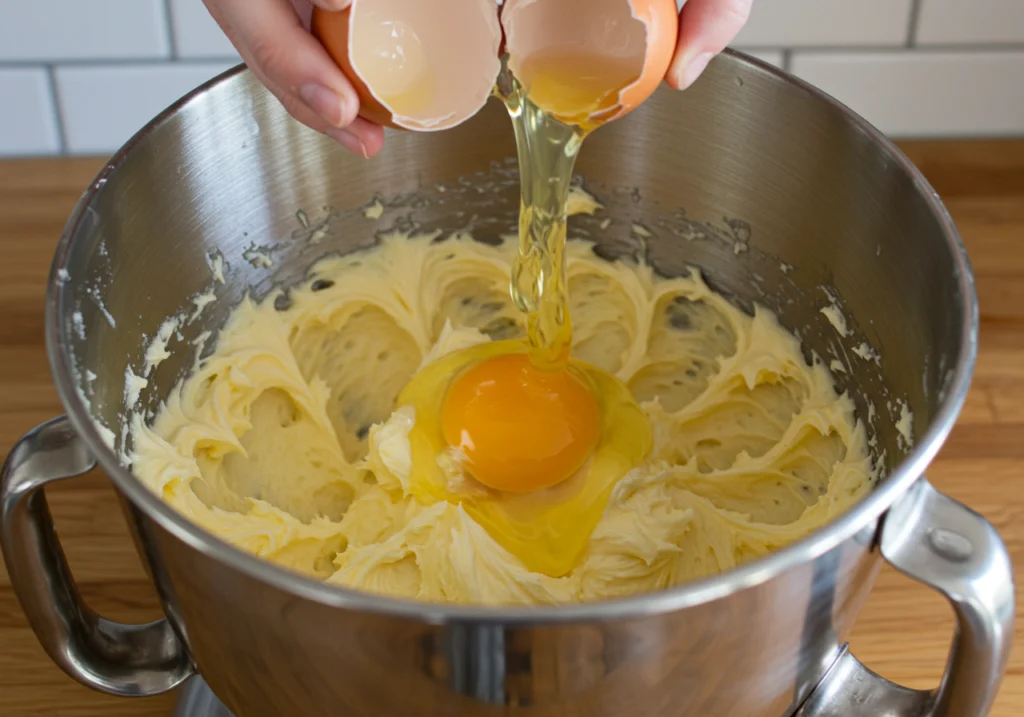 Cracked egg falling into stand mixer bowl with creamed butter and sugar mixture.