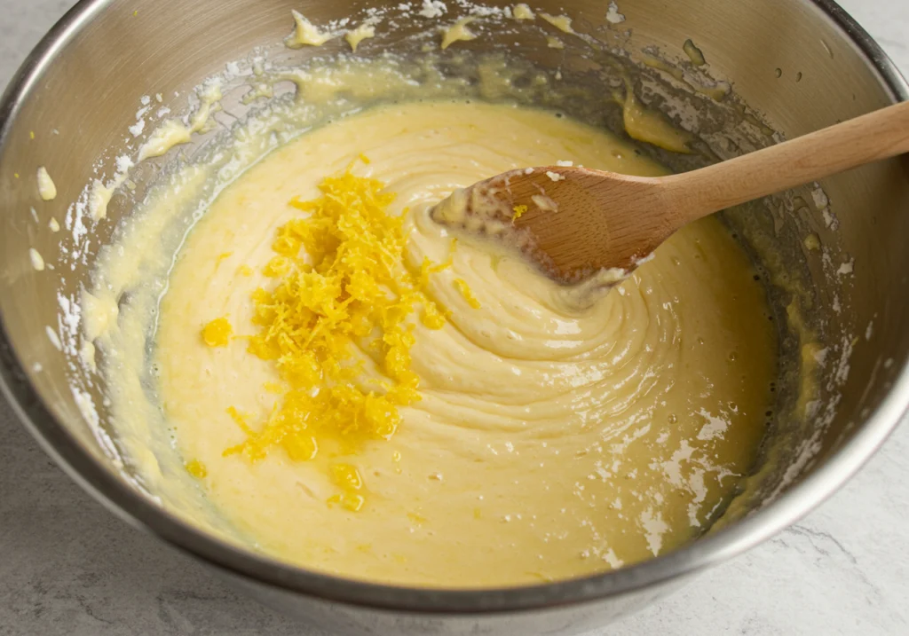 Split image showing flour being added and buttermilk poured into cake batter in stand mixer.