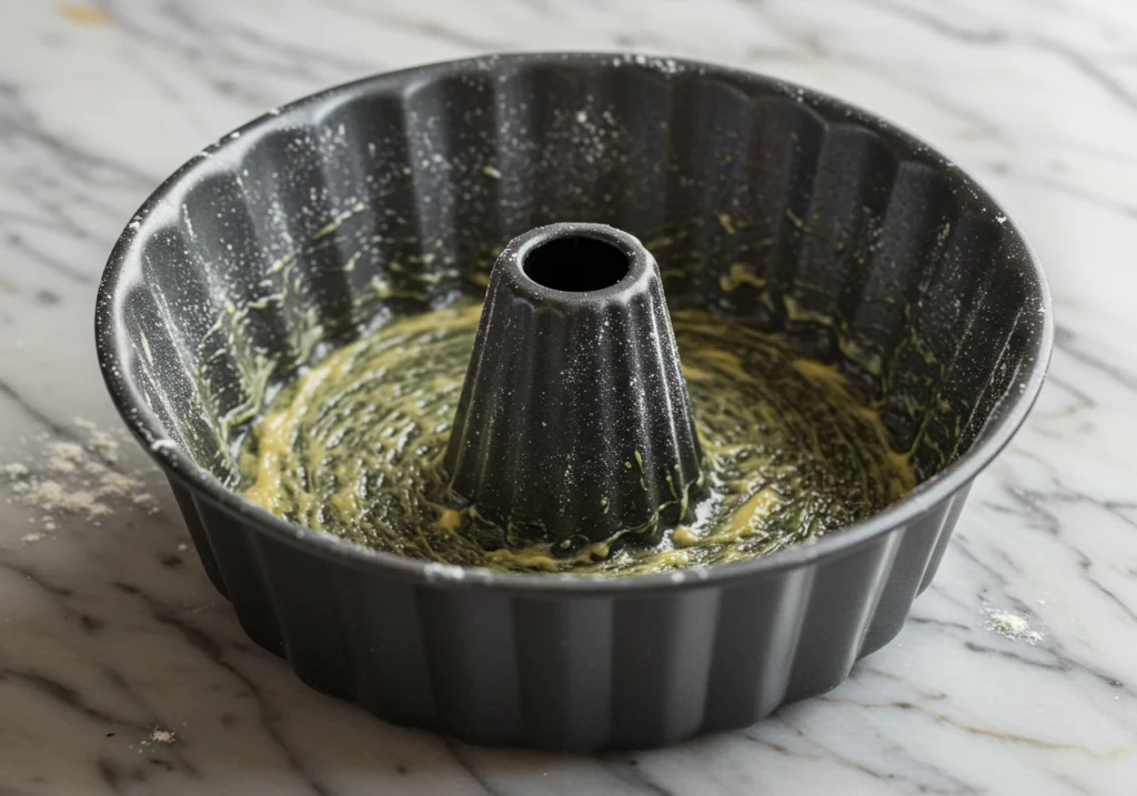 Bundt pan greased with butter and dusted with flour on marble countertop.