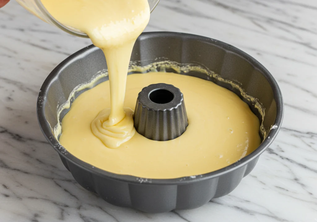 Smooth lemon pound cake batter evenly poured into bundt pan before baking.