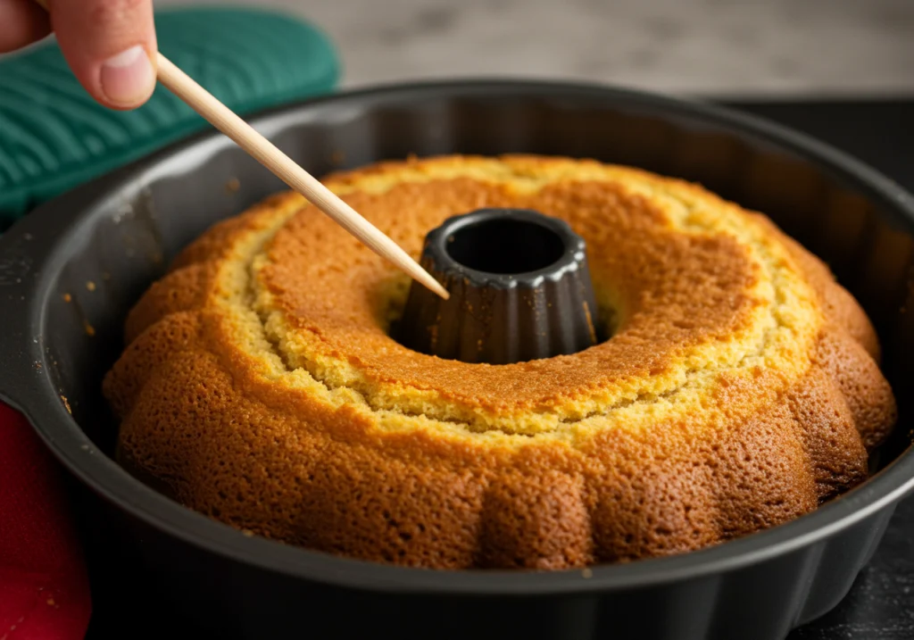 Toothpick inserted into golden bundt cake showing clean result for doneness test.