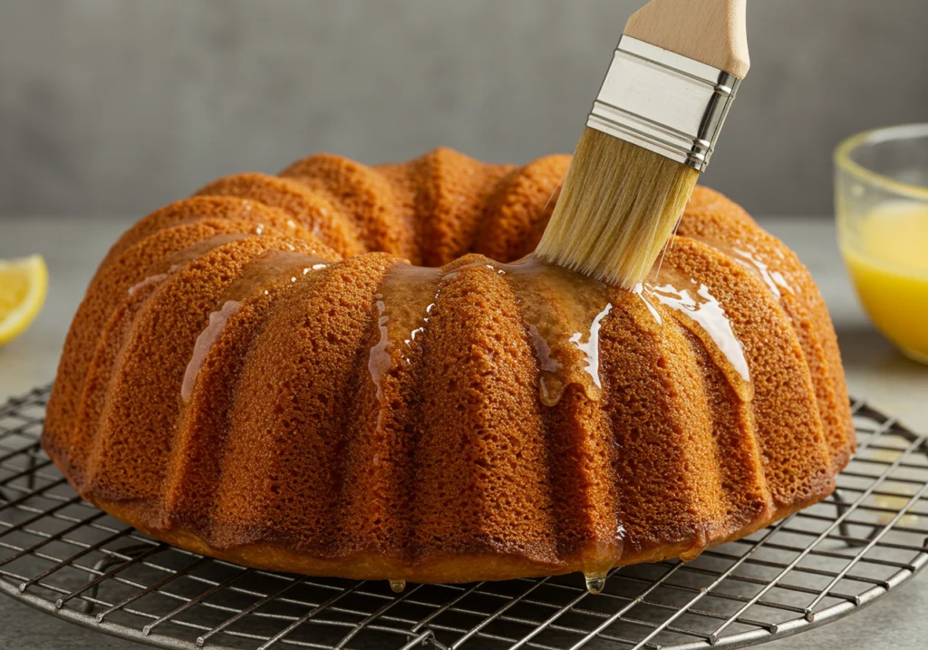 Pastry brush applying lemon syrup to warm pound cake on cooling rack.