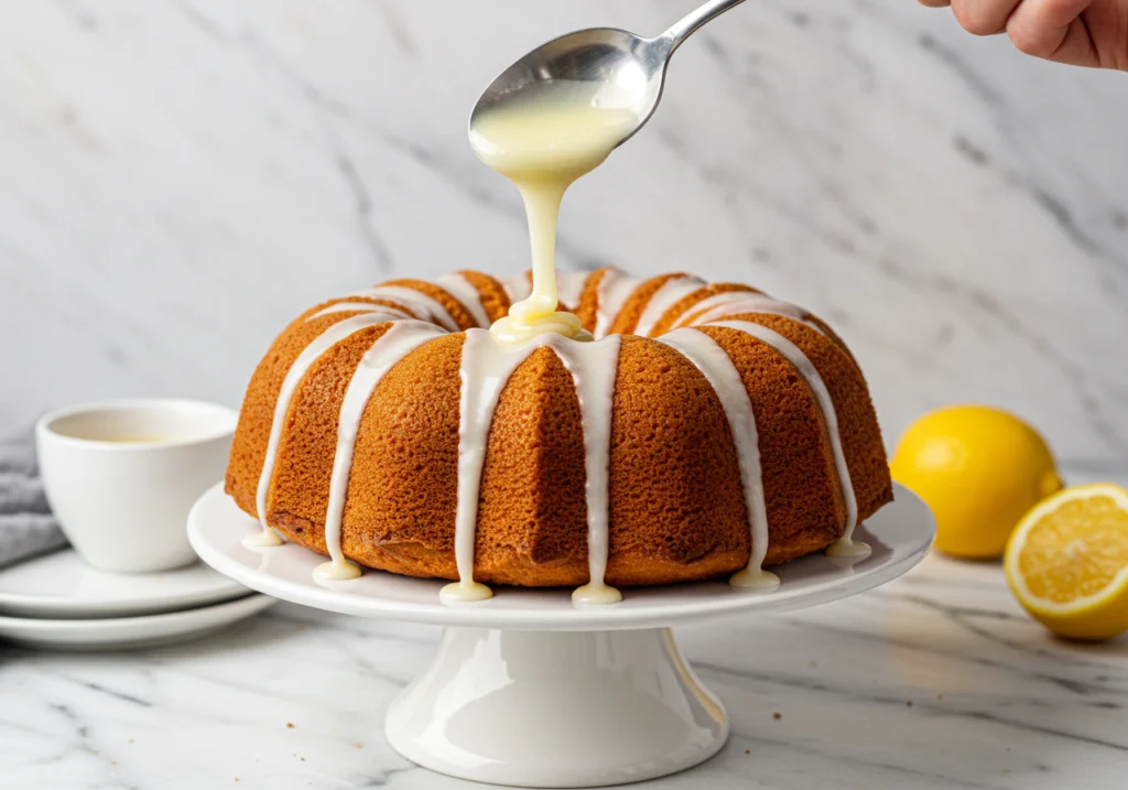 Thick white lemon glaze drizzled from spoon over cooled bundt cake.