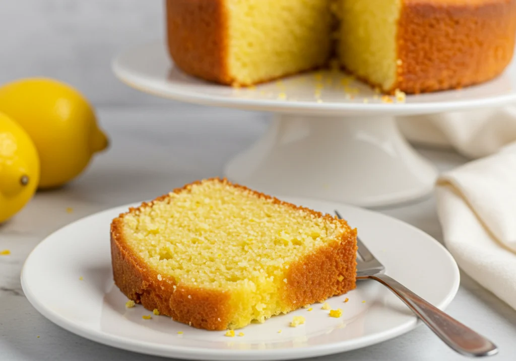 Slice of lemon pound cake on white plate showing moist crumb, with whole cake blurred in background.

lemon pound cake recipe