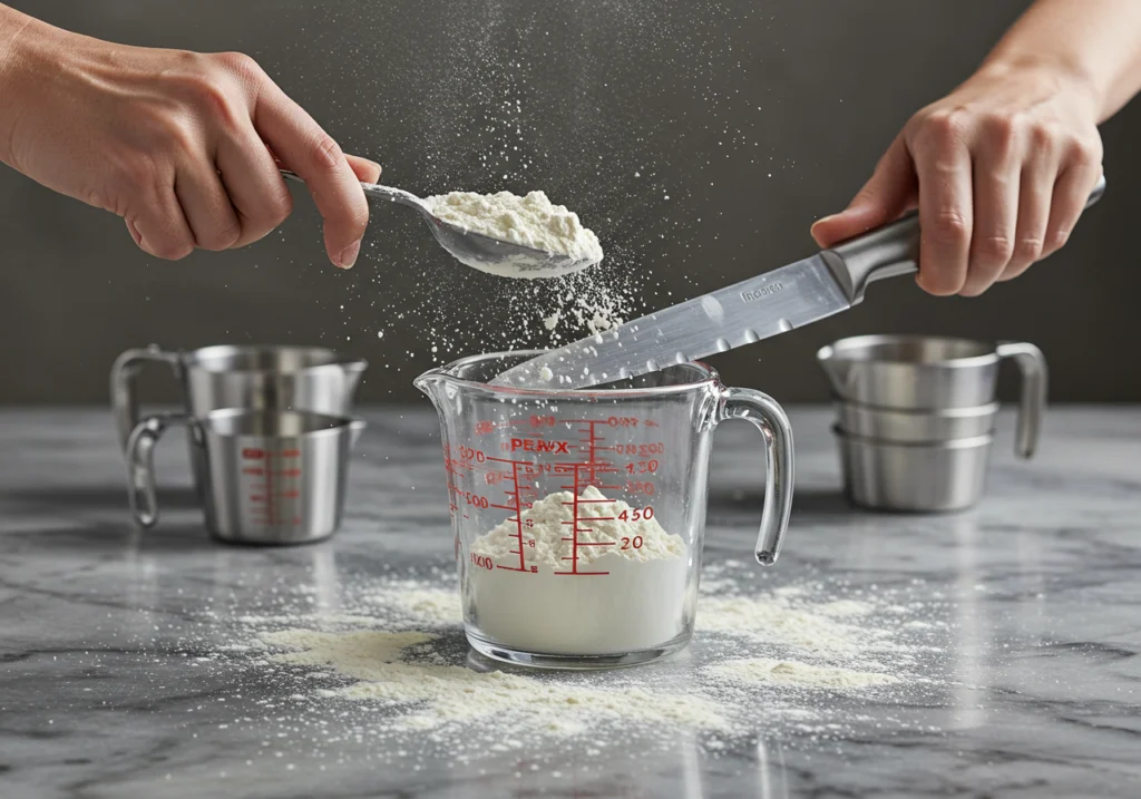 Hand leveling flour in measuring cup with knife on marble counter.