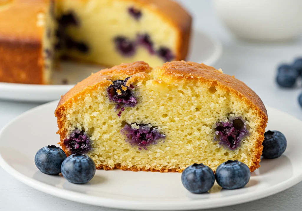 Slice of lemon blueberry pound cake with blueberries inside, plated with fresh blueberries nearby.
