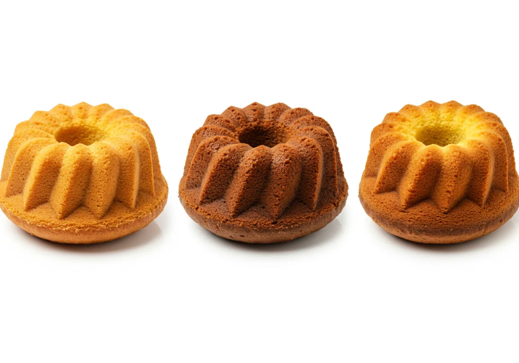 Three bundt cakes side by side: one perfect, one dense, and one sunken in center.