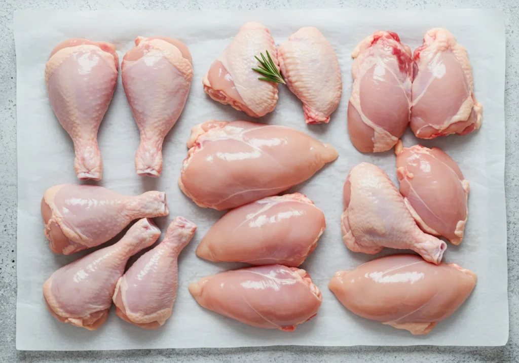 Overhead view of raw chicken cuts including thighs, drumsticks, wings, and breasts neatly arranged on butcher paper with labels.