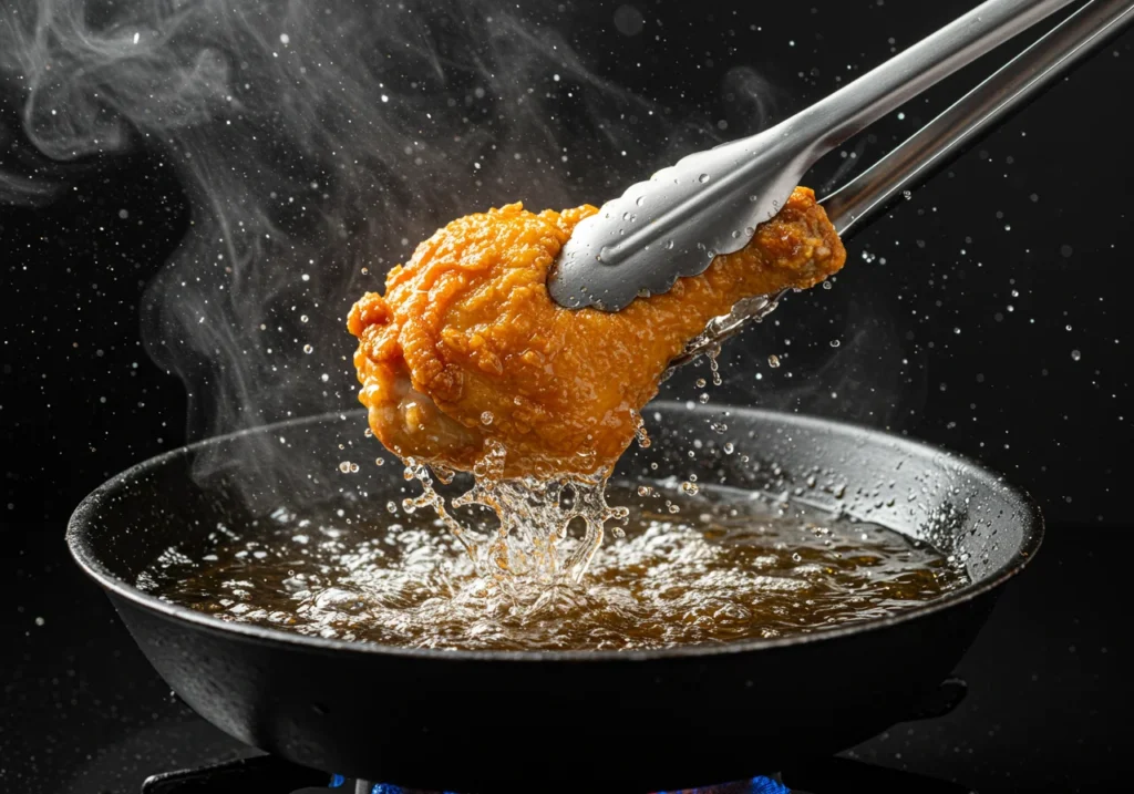 Close-up of chicken being lowered into bubbling hot oil with tongs as steam rises in dramatic kitchen lighting.