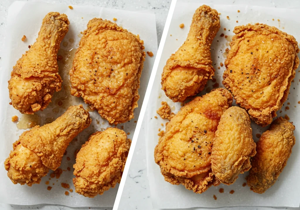 Side-by-side comparison of soggy, greasy fried chicken with fallen breading versus perfectly crispy golden-brown fried chicken.

fried chicken recipe