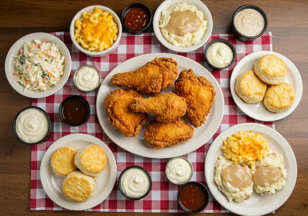 Overhead flat lay of Southern fried chicken meal with crispy chicken, coleslaw, mac and cheese, biscuits, mashed potatoes, and dipping sauces.