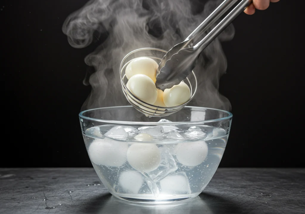 Hard-boiled eggs being transferred to ice bath for perfectly peelable eggs in egg salad recipe preparation