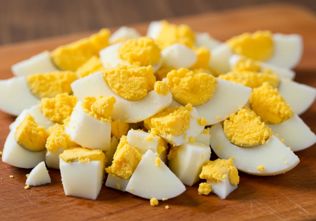 Perfectly chopped hard-boiled eggs showing ideal chunky texture for best egg salad recipe on wooden cutting board
