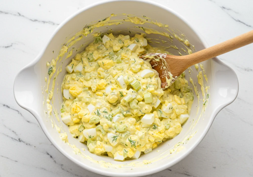 Finished creamy egg salad mixture with visible celery and dill in white bowl showing perfect consistency