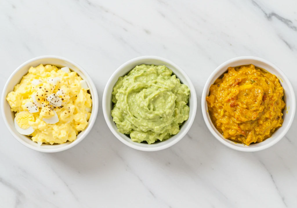 Three egg salad recipe variations including classic, avocado, and curry egg salad in white bowls