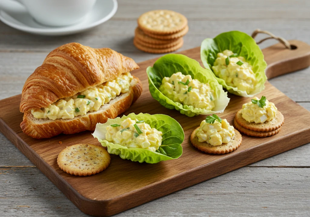 Easy egg salad recipe serving ideas on croissant, lettuce wraps, and crackers arranged on wooden board