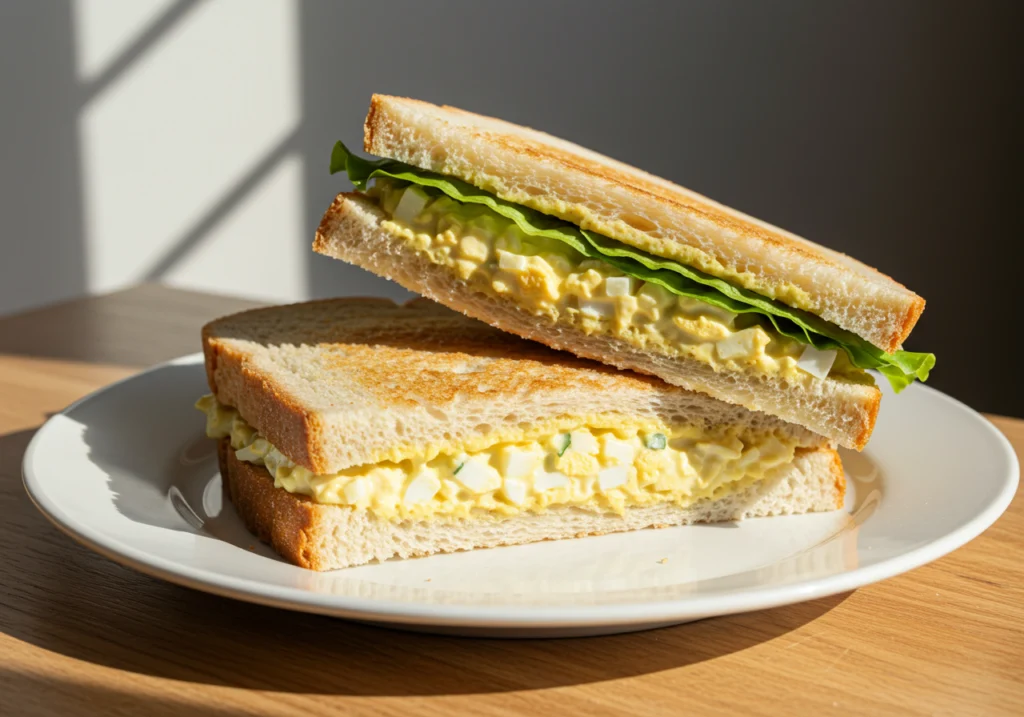Classic egg salad sandwich cut in half showing creamy homemade egg salad filling on white plate