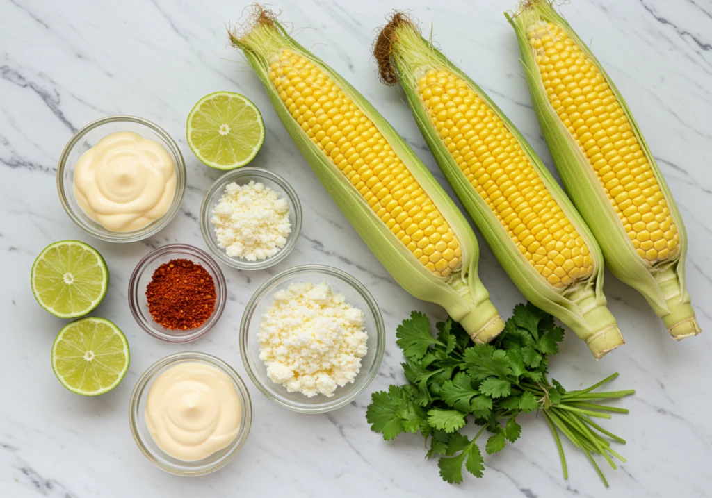 Fresh ingredients for Mexican street corn recipe including corn, mayo, cotija cheese, chili powder, and lime