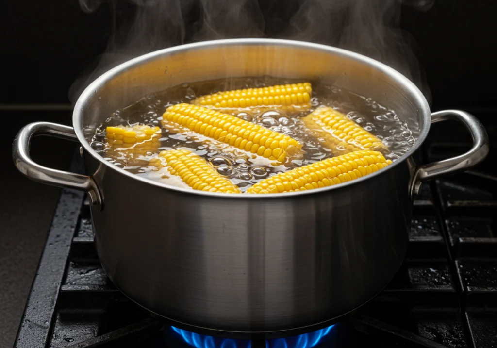 Boiling corn method for street corn recipe in large pot of water