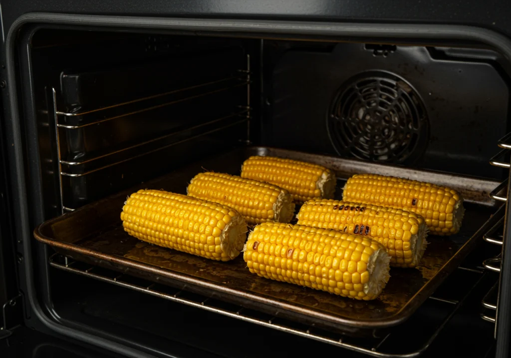 Oven broiled corn for indoor street corn recipe showing golden browning