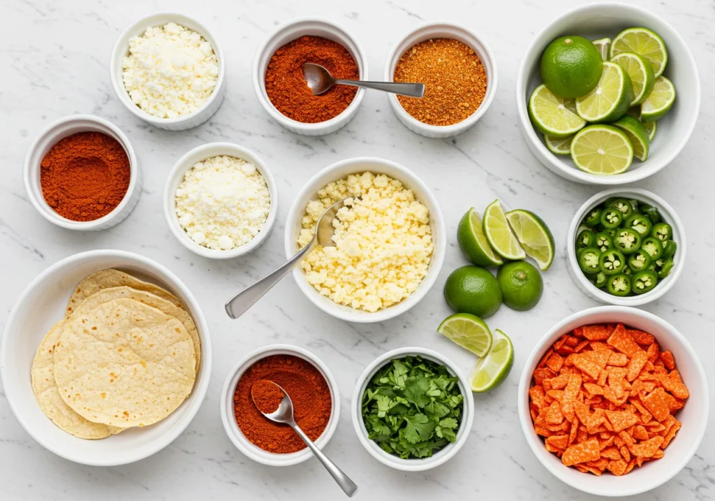 DIY Mexican street corn topping bar with cotija cheese, chili powder, and cilantro