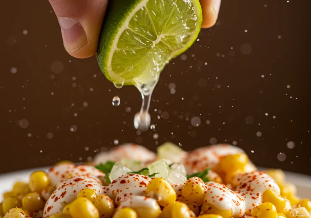 Fresh lime juice being squeezed over finished Mexican street corn recipe