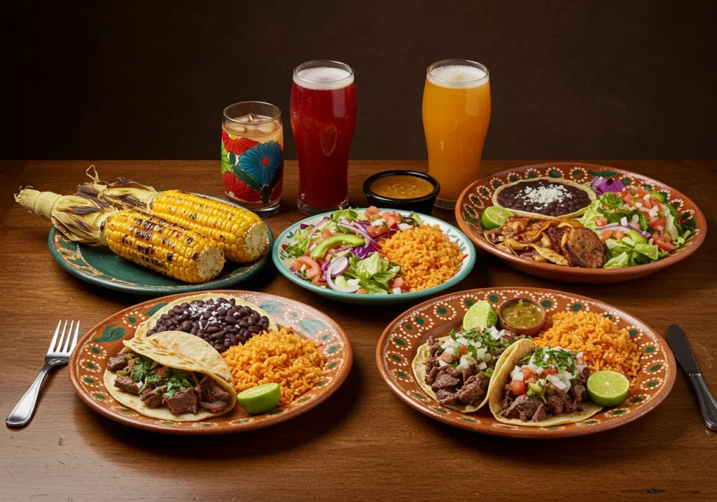 Mexican street corn recipe served with carne asada tacos and traditional sides