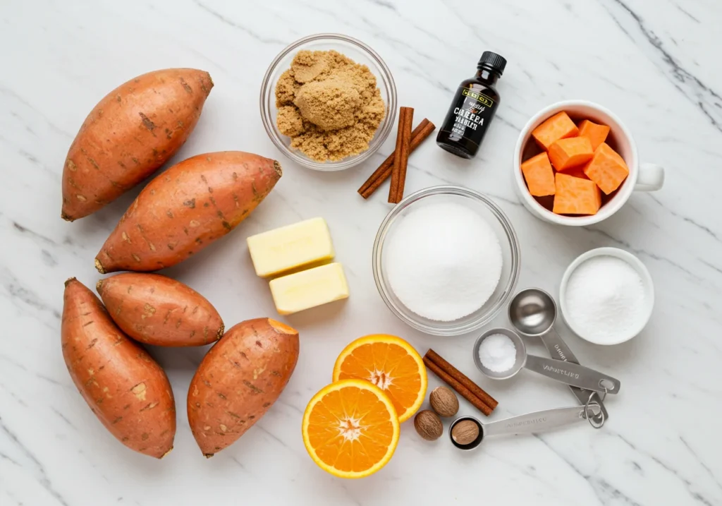 Candied yams recipe ingredients including fresh sweet potatoes, brown sugar, butter, and warm spices on marble counter
