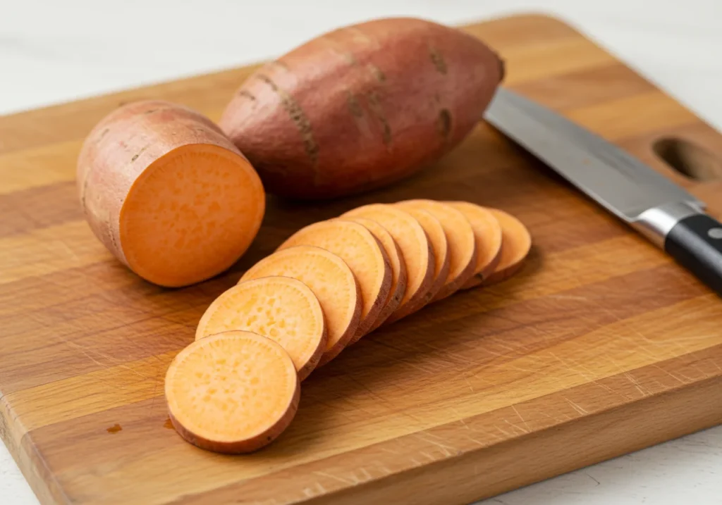 Sweet potatoes sliced into uniform half-inch rounds for easy candied yams recipe preparation

