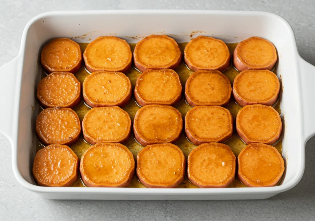 Raw sweet potato slices layered in baking dish with candied glaze before baking for holiday side dish
