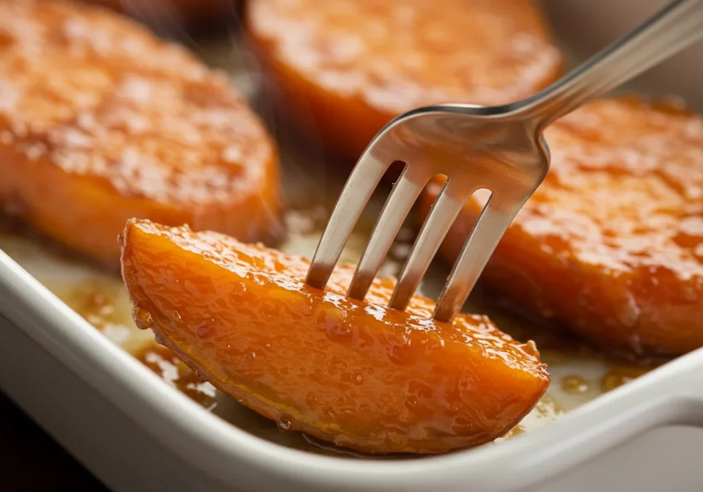 Fork easily piercing tender candied yams showing perfect doneness with caramelized glaze coating
