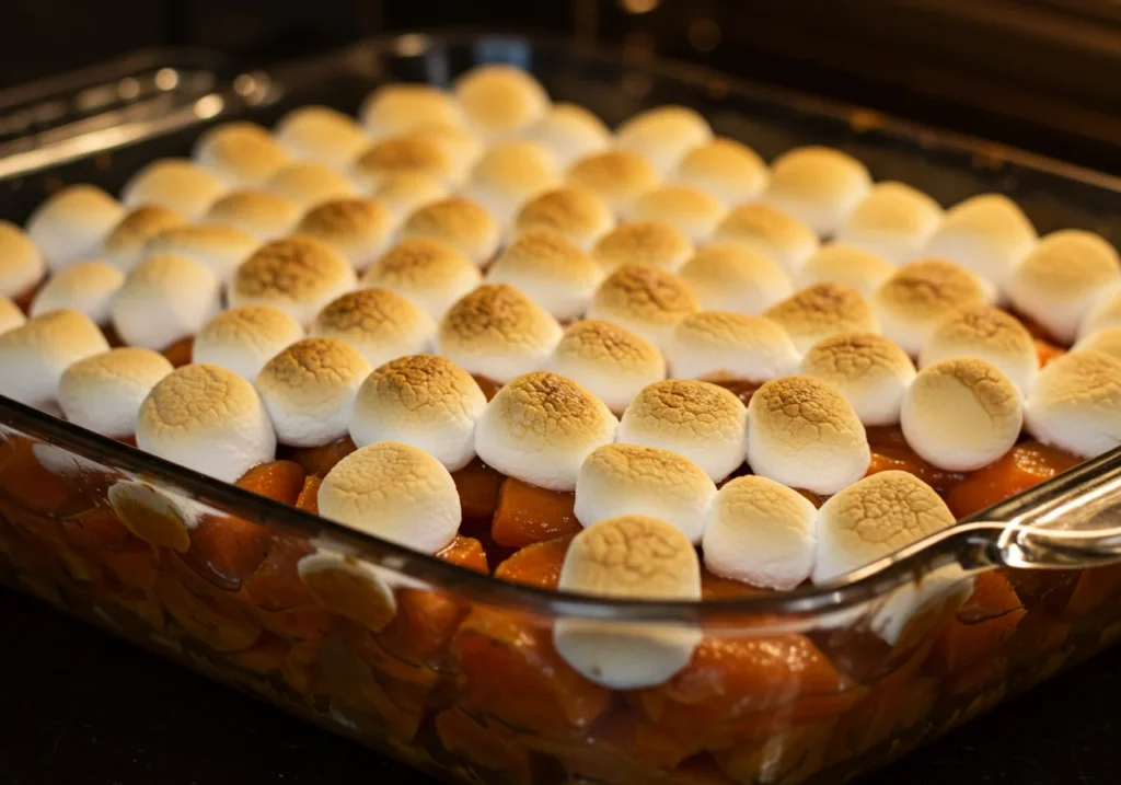 Easy candied yams topped with golden toasted marshmallows for classic holiday sweet potato casserole
