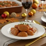 Delicious candied yams served on white plate with holiday table setting for Thanksgiving dinner